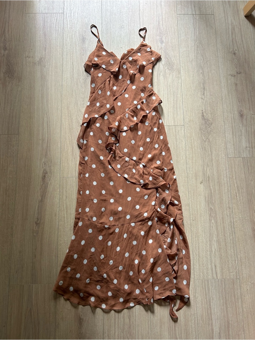 The Workshop Republic Rust Polka Dot Ruffle Slip Maxi Dress